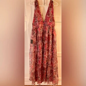 Lulus - Garden Romance Magenta Floral Print Organza Maxi Dress